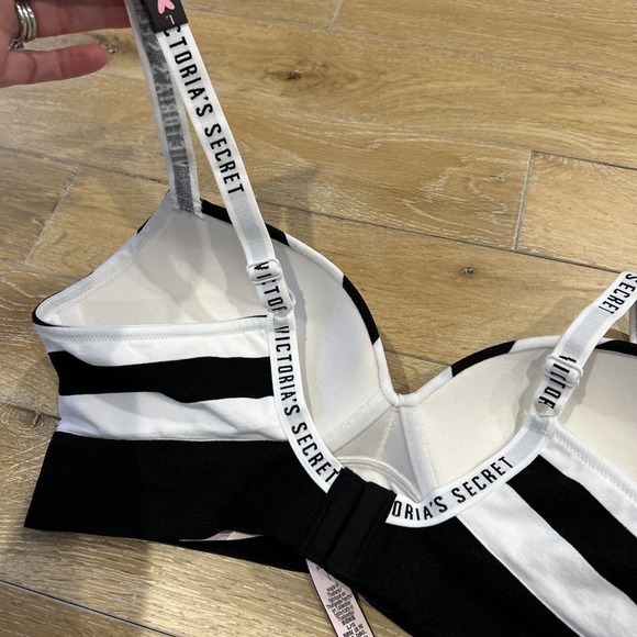 Victoria's Secret padded T-shirt Style BRA Wireless Sz L Black and White Stripe - Picture 4 of 12